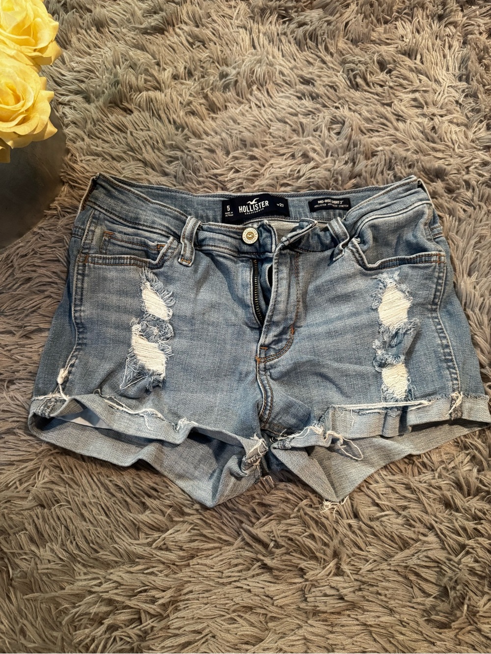 Hollister Light Wash Distressed Rolled Hem Denim Shorts